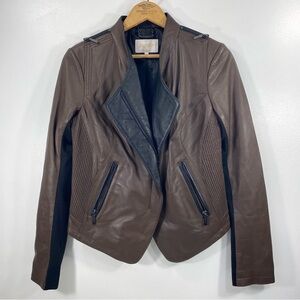 Laundry by Shelli Segal Chocolate Brown Black Leather Moto Biker Racing Jacket S